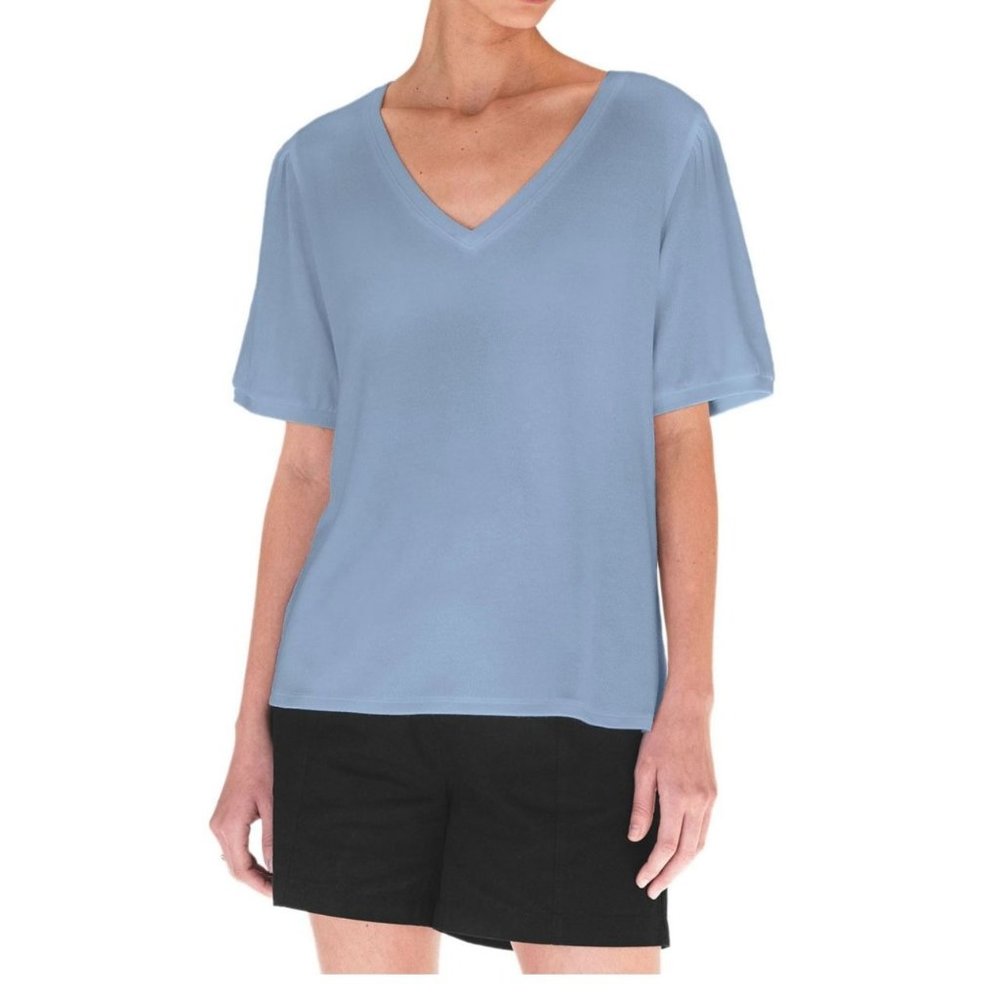 Mod Ref Women's XS Top V Neck Short Puff Sleeve Knit Shirt Blue XS